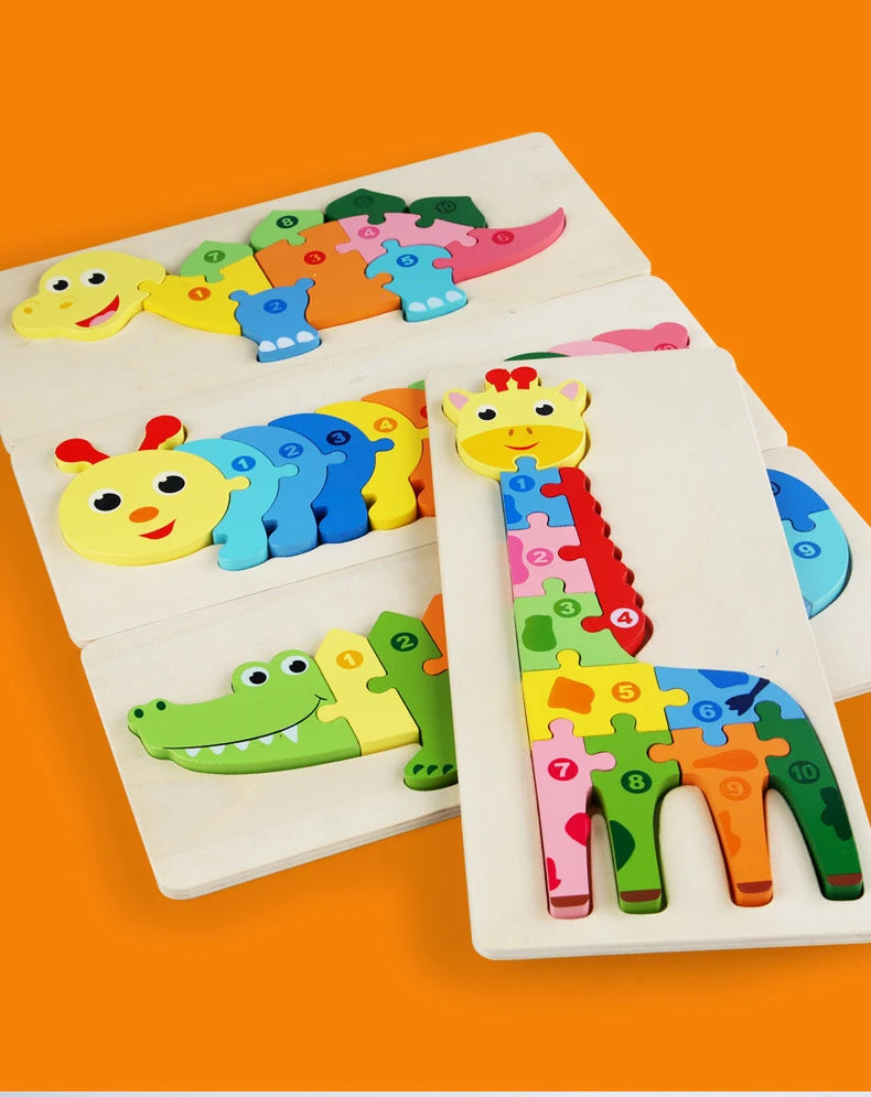 Colorful Wooden Rectangle Puzzle for Toddlers: Animal with Numbered Pieces