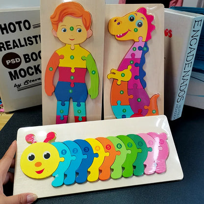 Colorful Wooden Rectangle Puzzle for Toddlers: Animal with Numbered Pieces