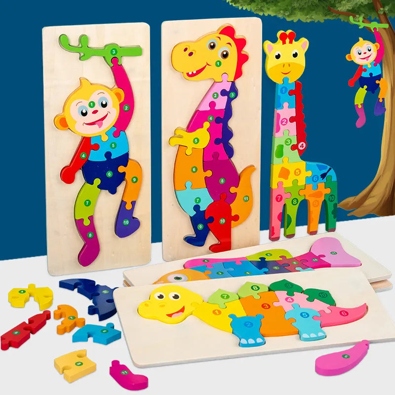 Colorful Wooden Rectangle Puzzle for Toddlers: Animal with Numbered Pieces